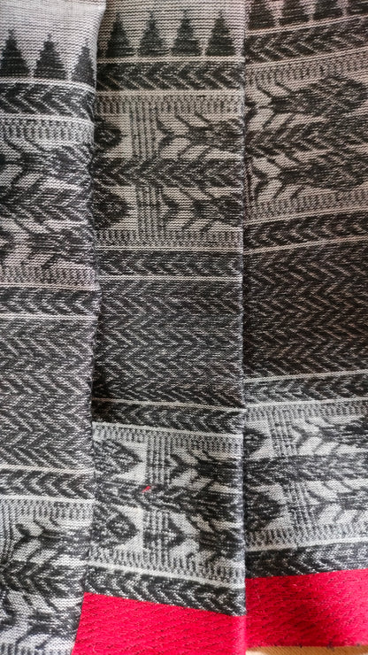 Ash Raga – Grey Dhonekhali Handloom Cotton Saree with Black Fish Motif Border & Red Selvedge