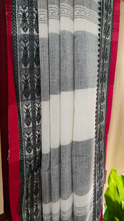 Ash Raga – Grey Dhonekhali Handloom Cotton Saree with Black Fish Motif Border & Red Selvedge