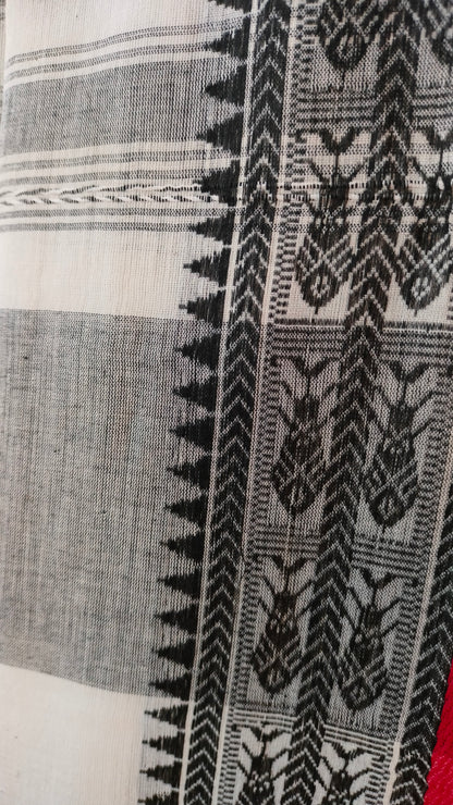 Ash Raga – Grey Dhonekhali Handloom Cotton Saree with Black Fish Motif Border & Red Selvedge