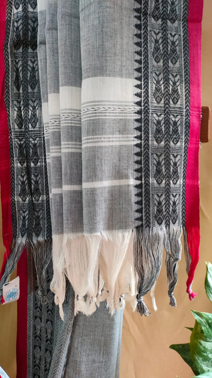 Ash Raga – Grey Dhonekhali Handloom Cotton Saree with Black Fish Motif Border & Red Selvedge