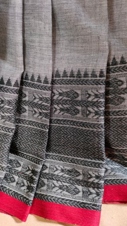 Ash Raga – Grey Dhonekhali Handloom Cotton Saree with Black Fish Motif Border & Red Selvedge