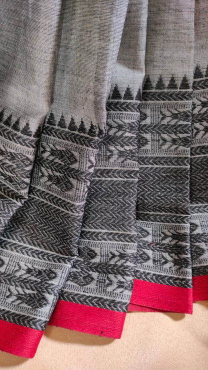 Ash Raga – Grey Dhonekhali Handloom Cotton Saree with Black Fish Motif Border & Red Selvedge