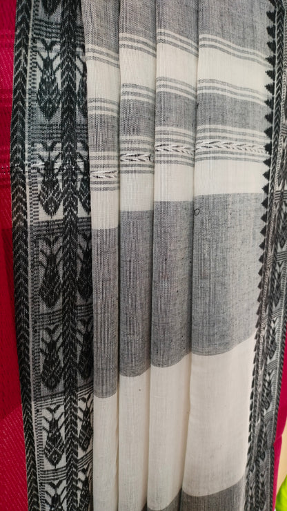 Ash Raga – Grey Dhonekhali Handloom Cotton Saree with Black Fish Motif Border & Red Selvedge