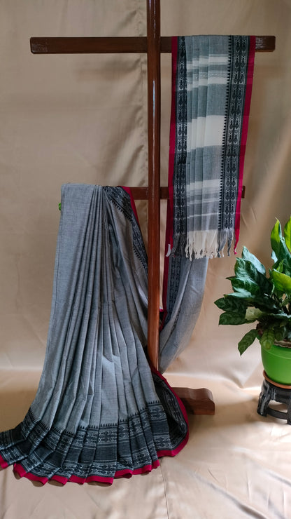 Ash Raga – Grey Dhonekhali Handloom Cotton Saree with Black Fish Motif Border & Red Selvedge