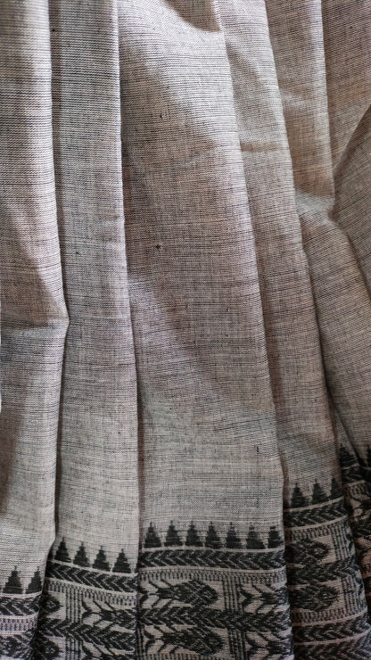 Ash Raga – Grey Dhonekhali Handloom Cotton Saree with Black Fish Motif Border & Red Selvedge