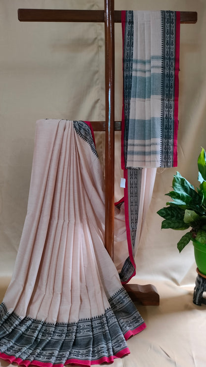 River Light – Off-white Dhonekhali Handloom Cotton Saree with Black Fish Motif Border & Red Selvedge