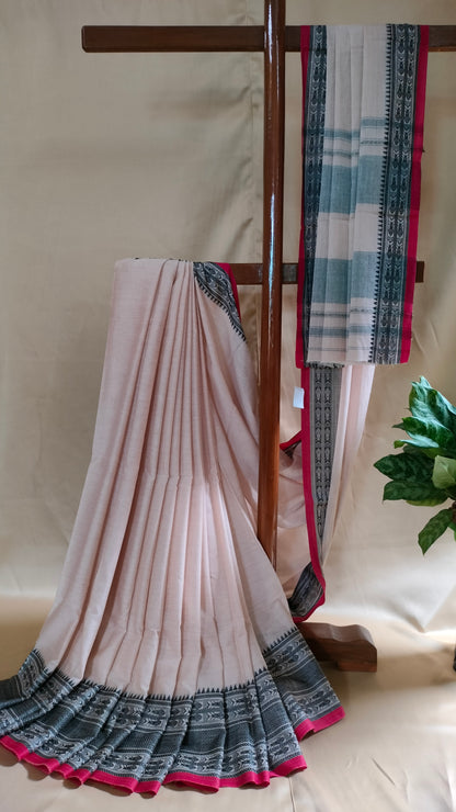 River Light – Off-white Dhonekhali Handloom Cotton Saree with Black Fish Motif Border & Red Selvedge