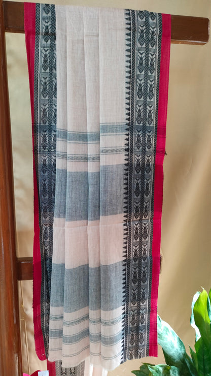 River Light – Off-white Dhonekhali Handloom Cotton Saree with Black Fish Motif Border & Red Selvedge