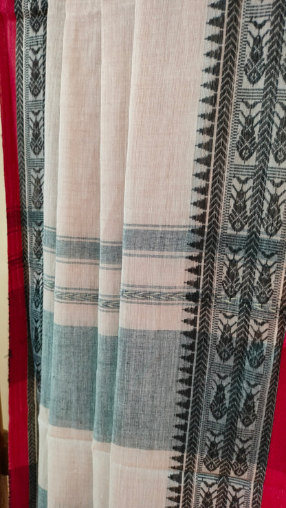 River Light – Off-white Dhonekhali Handloom Cotton Saree with Black Fish Motif Border & Red Selvedge