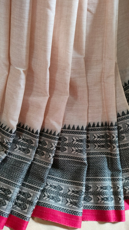 River Light – Off-white Dhonekhali Handloom Cotton Saree with Black Fish Motif Border & Red Selvedge