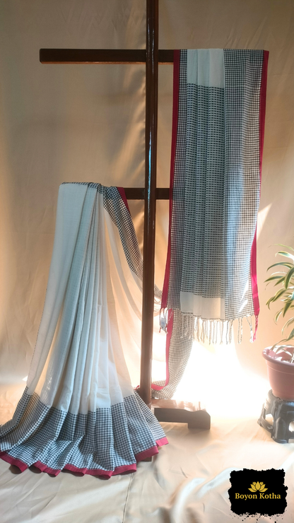 Shubhra Noor - White Handwoven Mercerized Cotton Saree with Black Woven Checks