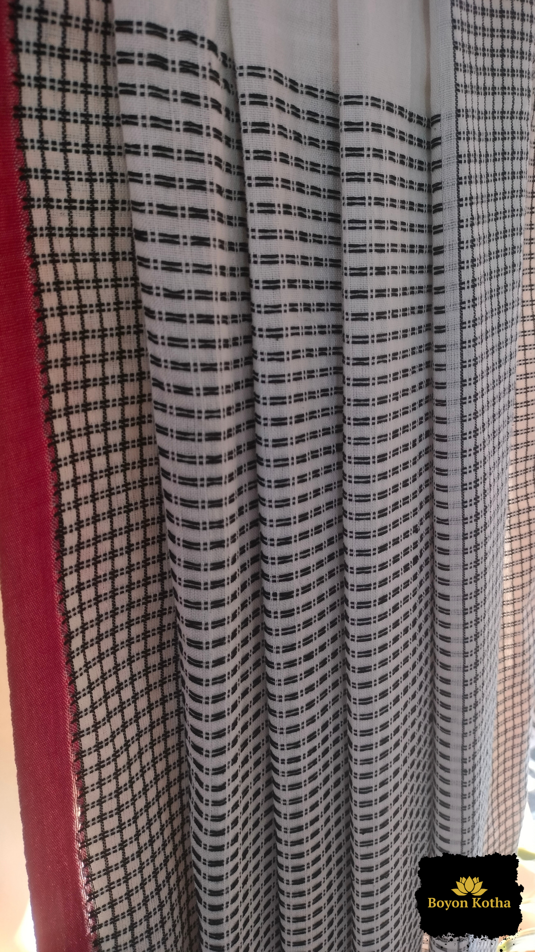 Shubhra Noor - White Handwoven Mercerized Cotton Saree with Black Woven Checks