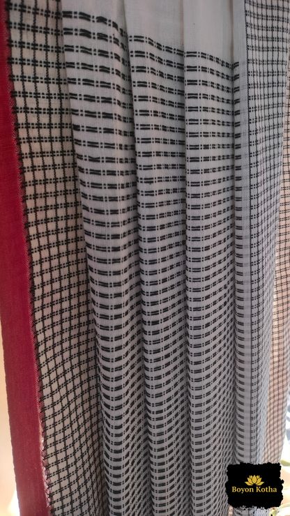 Shubhra Noor - White Handwoven Mercerized Cotton Saree with Black Woven Checks