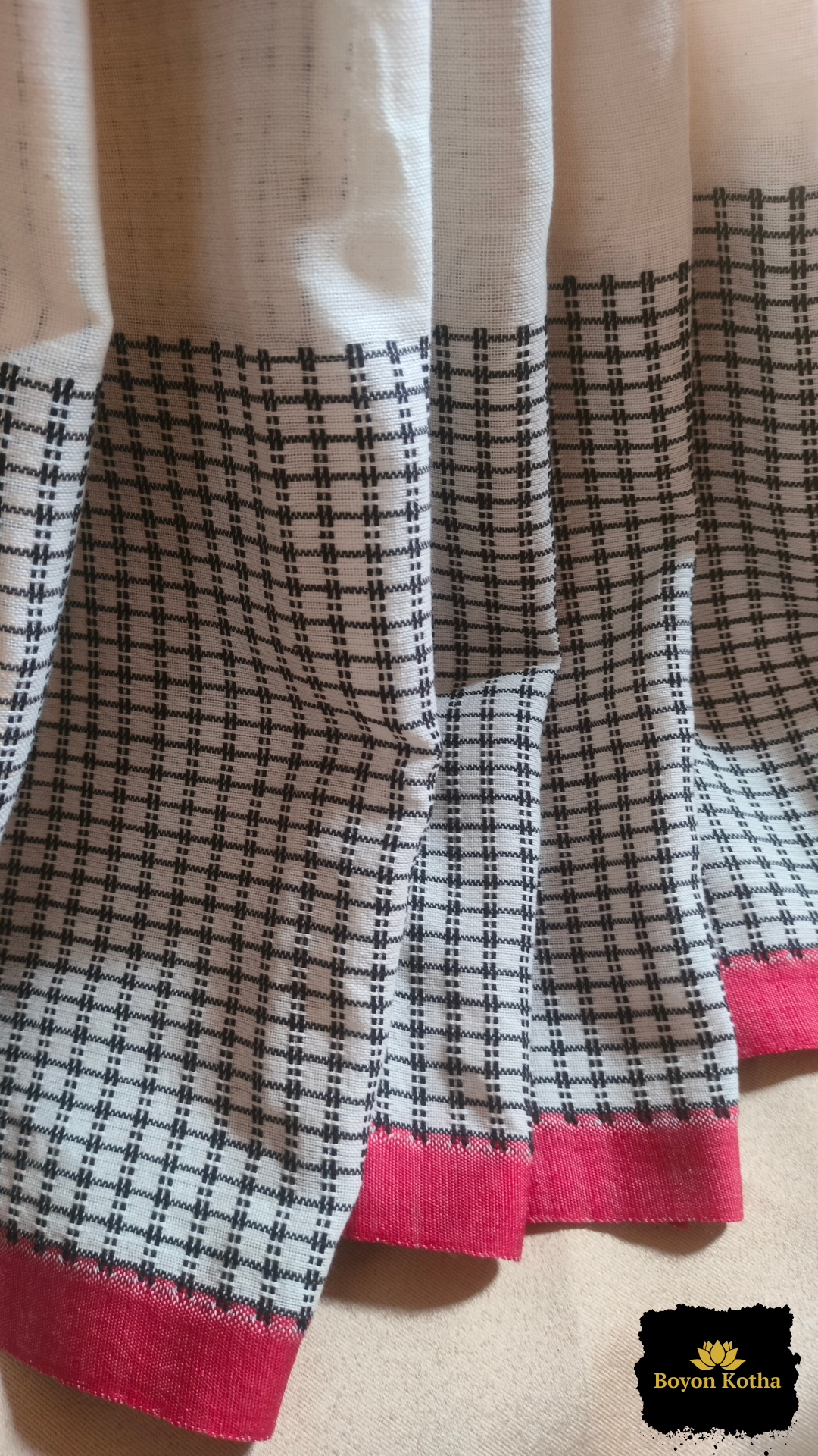 Shubhra Noor - White Handwoven Mercerized Cotton Saree with Black Woven Checks