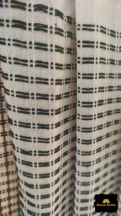 Shubhra Noor - White Handwoven Mercerized Cotton Saree with Black Woven Checks