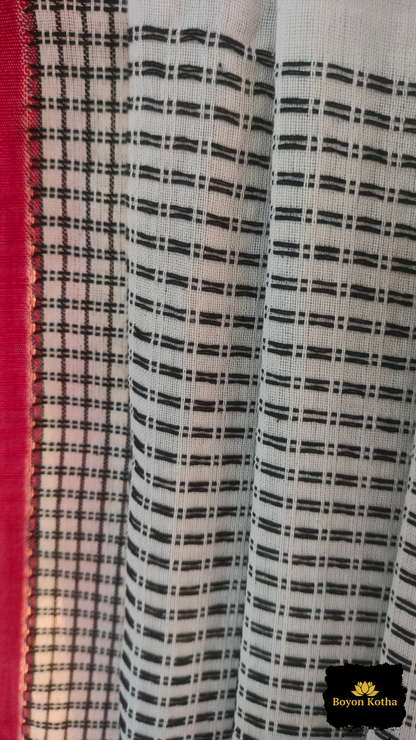 Shubhra Noor - White Handwoven Mercerized Cotton Saree with Black Woven Checks