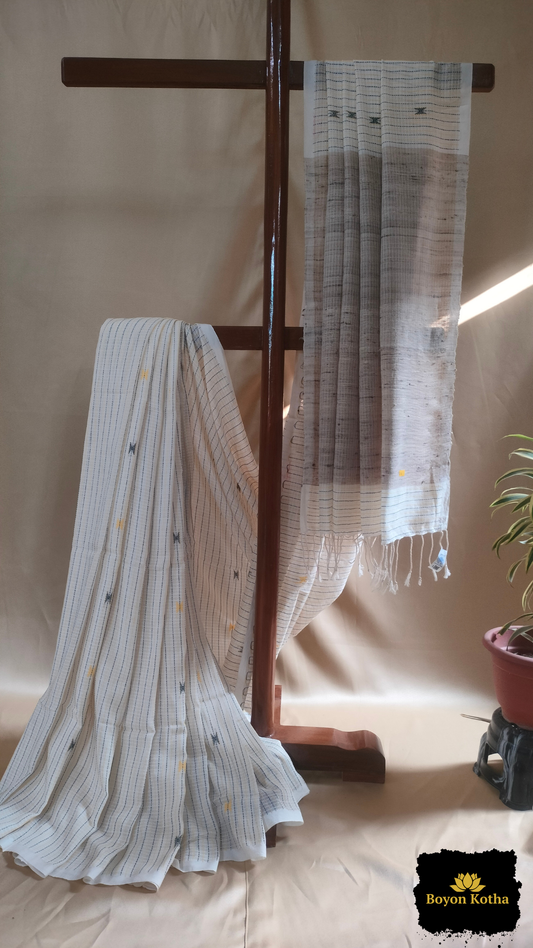 Paramparar Sutropat - White Handwoven Mercerized Cotton Saree with Gicha Design