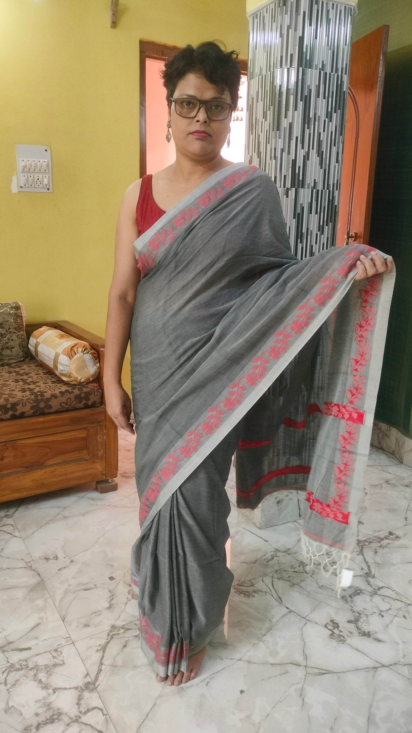 Meghmala Kabya - Grey  Handloom Cotton With Woven Red Motifs