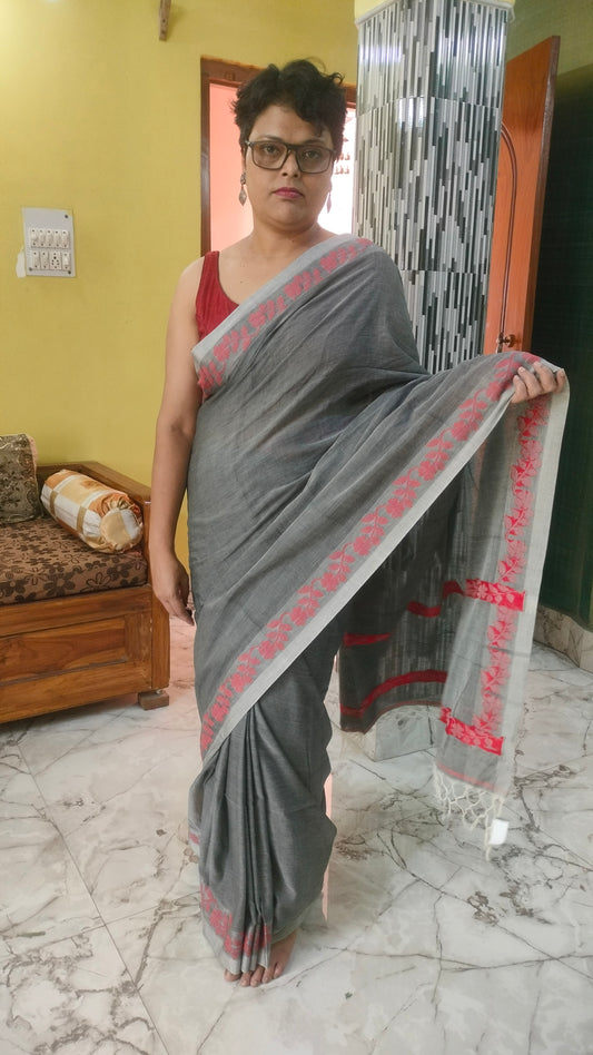 Meghmala Kabya - Grey  Handloom Cotton With Woven Red Motifs