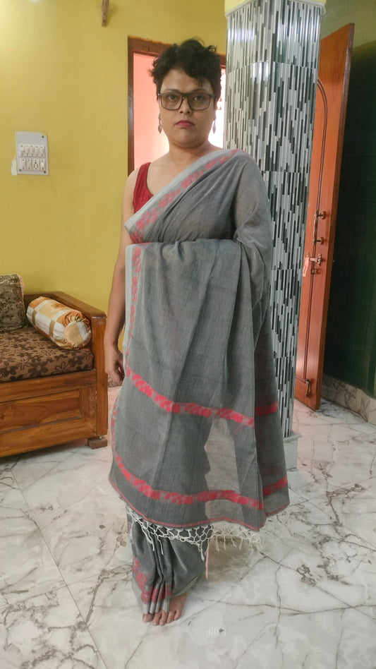 Meghmala Kabya - Grey  Handloom Cotton With Woven Red Motifs