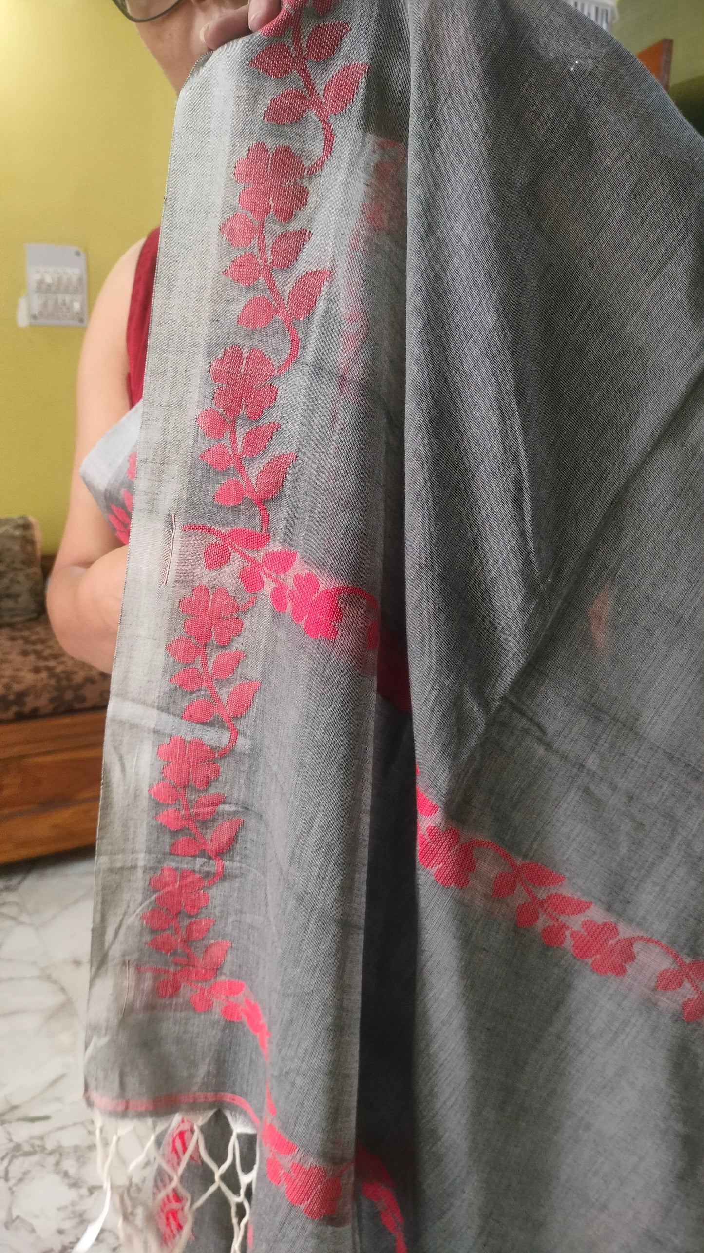 Meghmala Kabya - Grey  Handloom Cotton With Woven Red Motifs