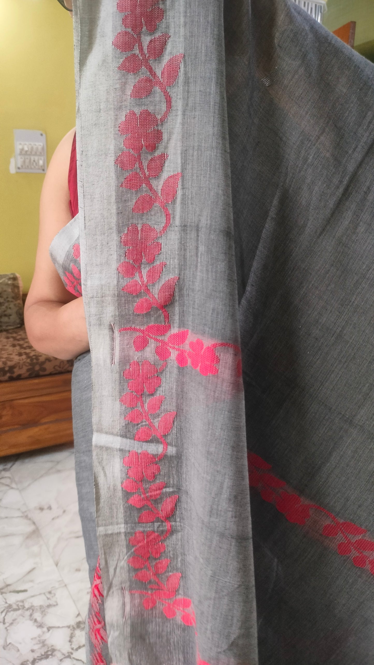 Meghmala Kabya - Grey  Handloom Cotton With Woven Red Motifs