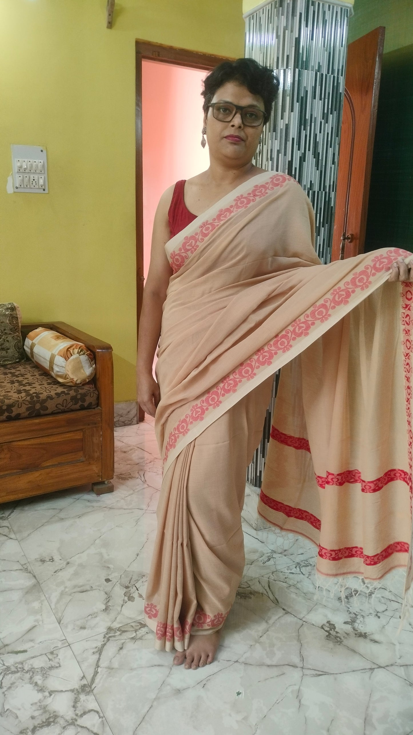 Chondon Alpona - Chandan Beige Handloom Cotton With Woven Red Motif