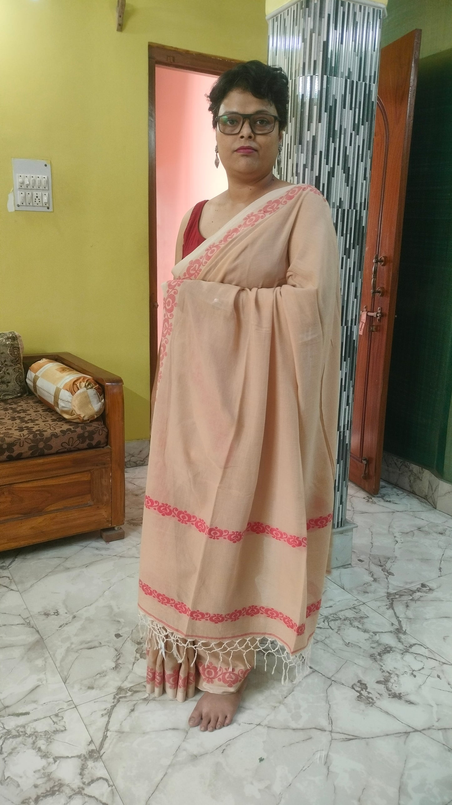 Chondon Alpona - Chandan Beige Handloom Cotton With Woven Red Motif