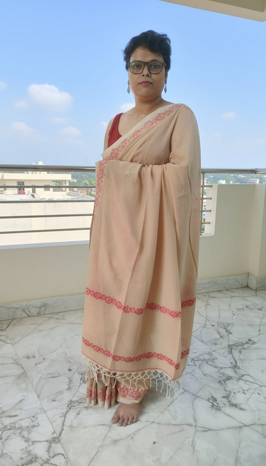 Sandalwood color handloom cotton saree with woven red motifs in the border till the pallu, bengal handloom, beige handwoven cotton saree