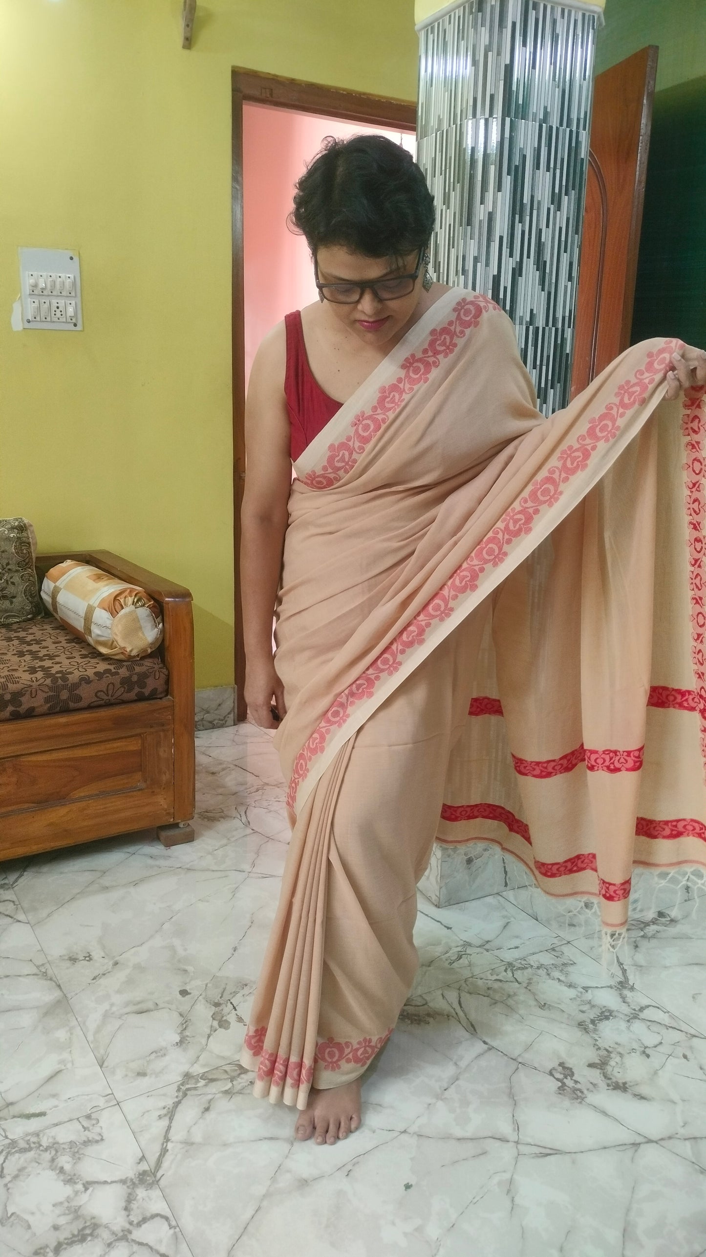 Chondon Alpona - Chandan Beige Handloom Cotton With Woven Red Motif