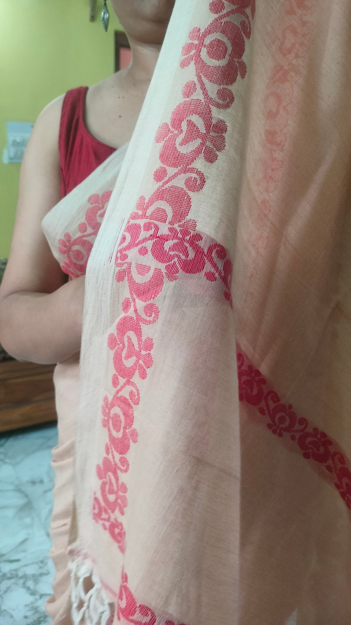 Chondon Alpona - Chandan Beige Handloom Cotton With Woven Red Motif