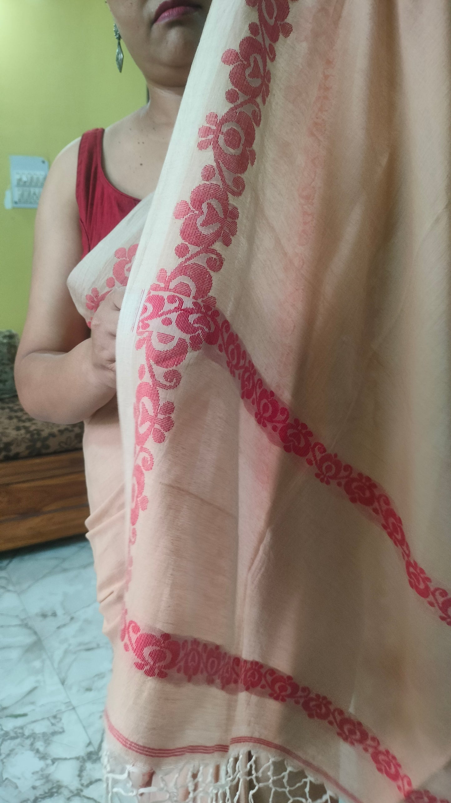 Chondon Alpona - Chandan Beige Handloom Cotton With Woven Red Motif