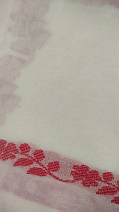 White handloom cotton saree with woven red floral vines along the border running till the pallu - Bengal handloom