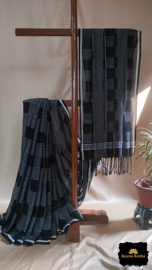 Nishir Jaal - Black Handwoven Mercerized Cotton Saree with White Woven Stripes