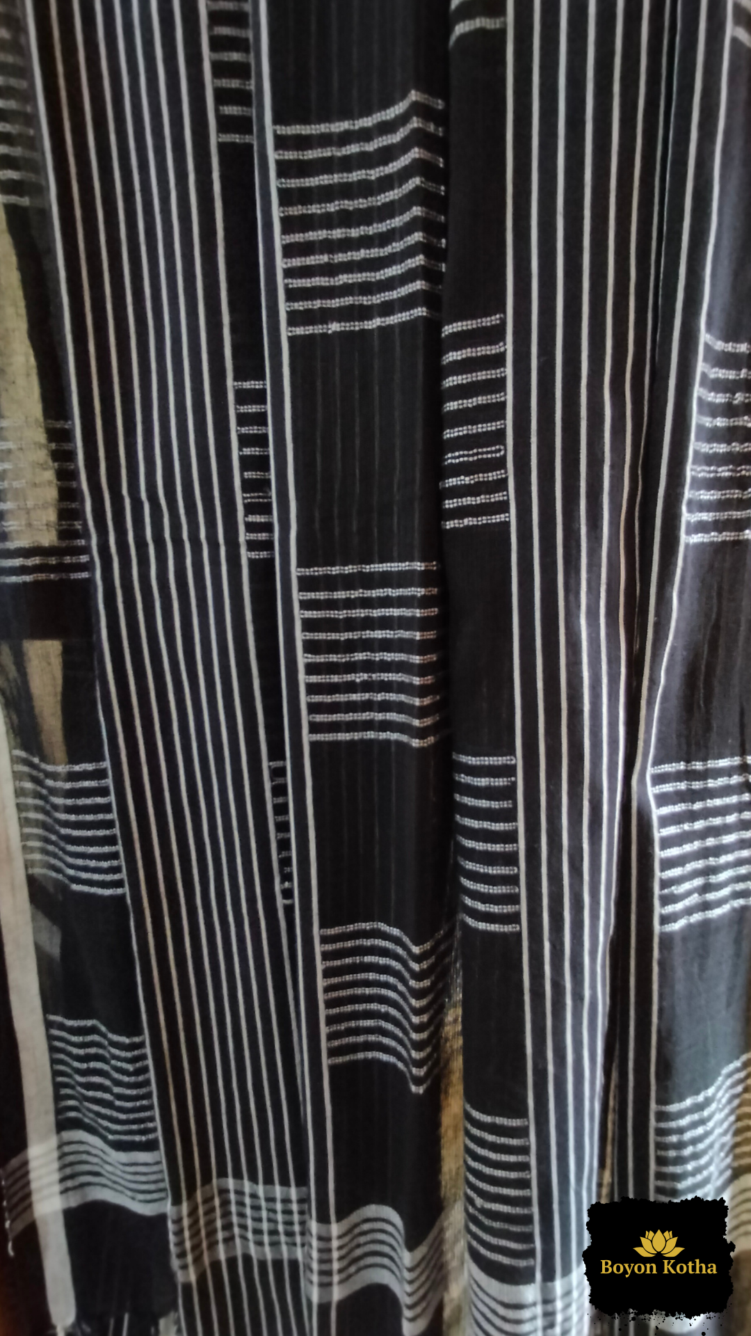 Nishir Jaal - Black Handwoven Mercerized Cotton Saree with White Woven Stripes