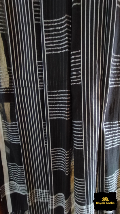 Nishir Jaal - Black Handwoven Mercerized Cotton Saree with White Woven Stripes