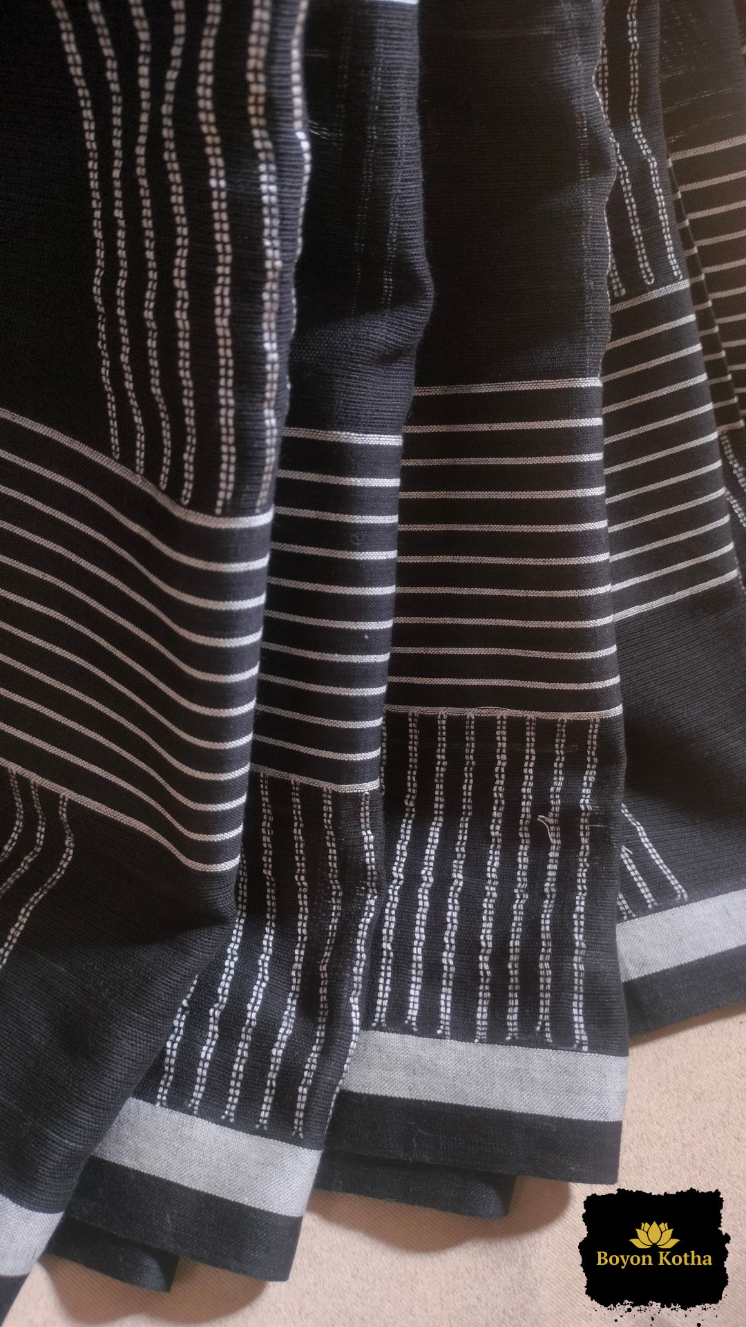 Nishir Jaal - Black Handwoven Mercerized Cotton Saree with White Woven Stripes