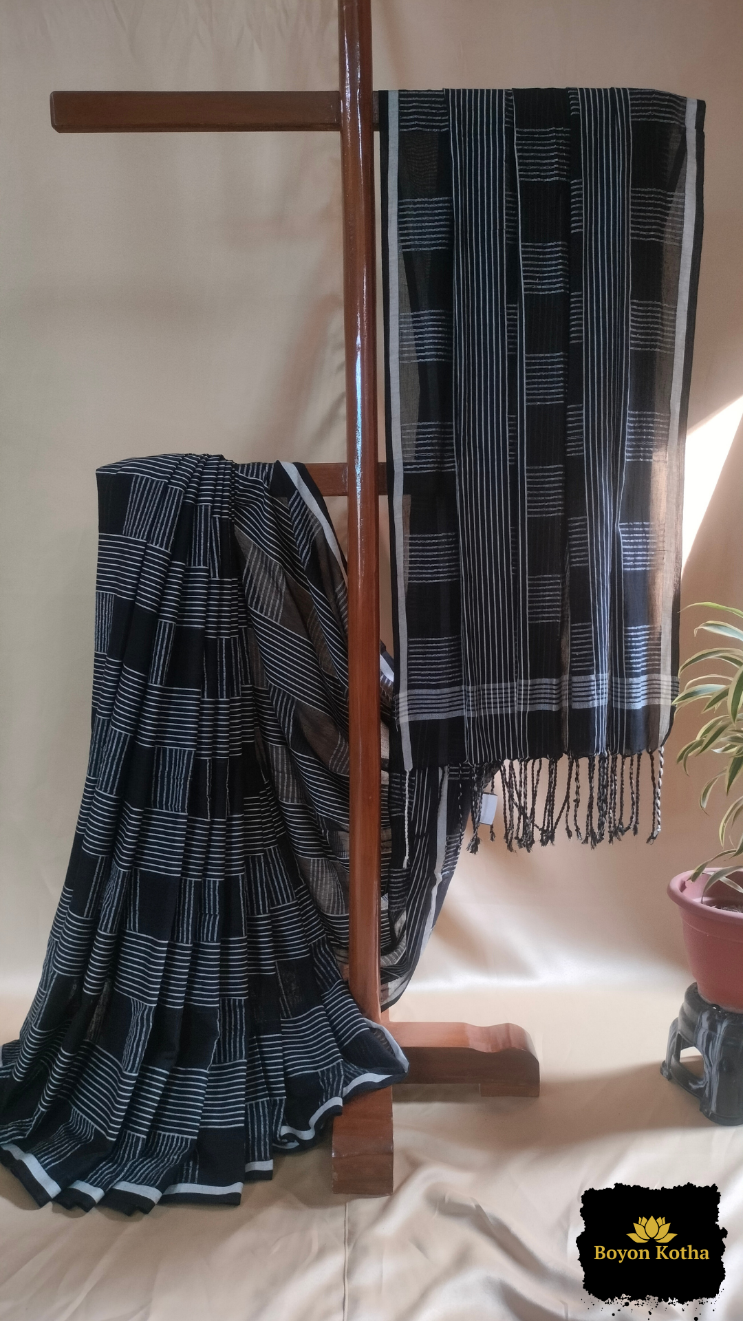 Nishir Jaal - Black Handwoven Mercerized Cotton Saree with White Woven Stripes