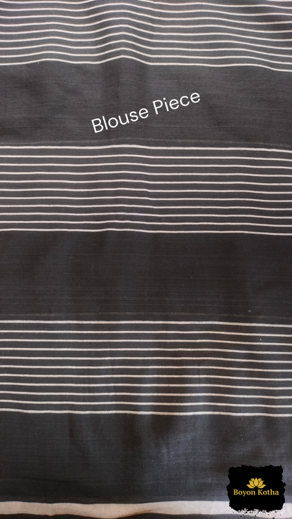 Nishir Jaal - Black Handwoven Mercerized Cotton Saree with White Woven Stripes