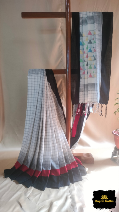White Loomscape – White Handwoven Mercerized Cotton Saree with Woven Black Checks