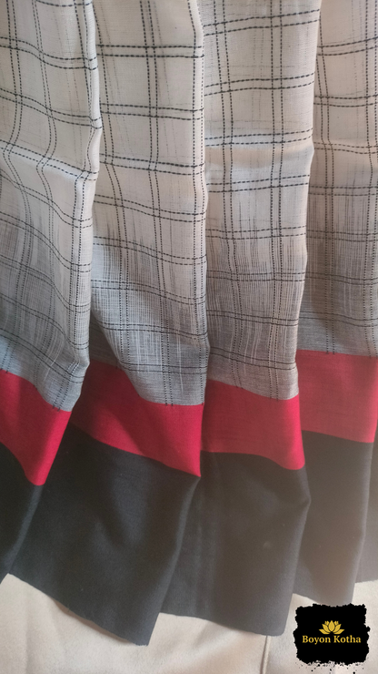 White Loomscape – White Handwoven Mercerized Cotton Saree with Woven Black Checks