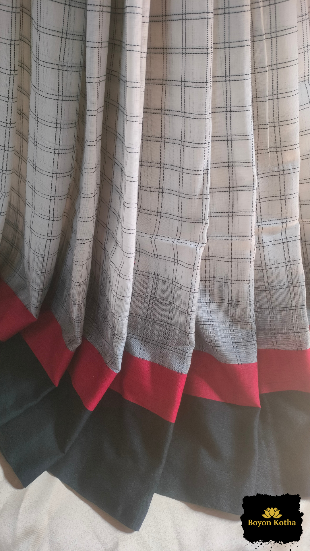 White Loomscape – White Handwoven Mercerized Cotton Saree with Woven Black Checks