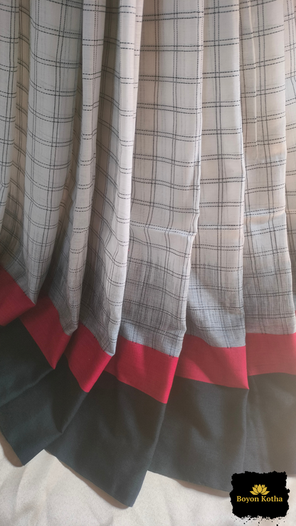 White Loomscape – White Handwoven Mercerized Cotton Saree with Woven Black Checks