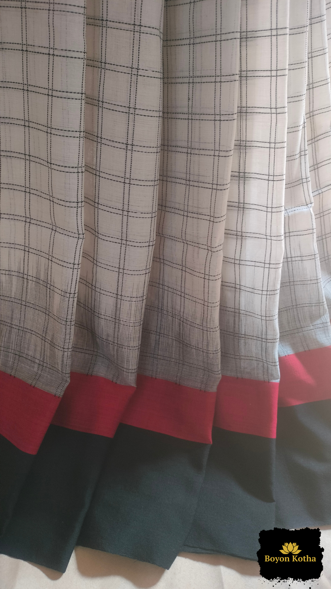 White Loomscape – White Handwoven Mercerized Cotton Saree with Woven Black Checks