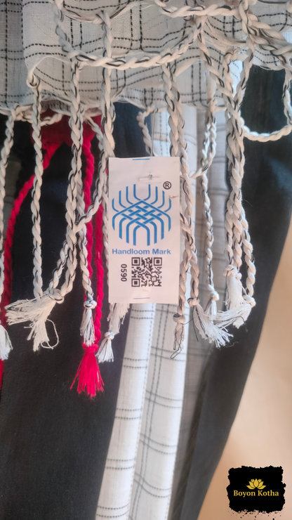 White Loomscape – White Handwoven Mercerized Cotton Saree with Woven Black Checks