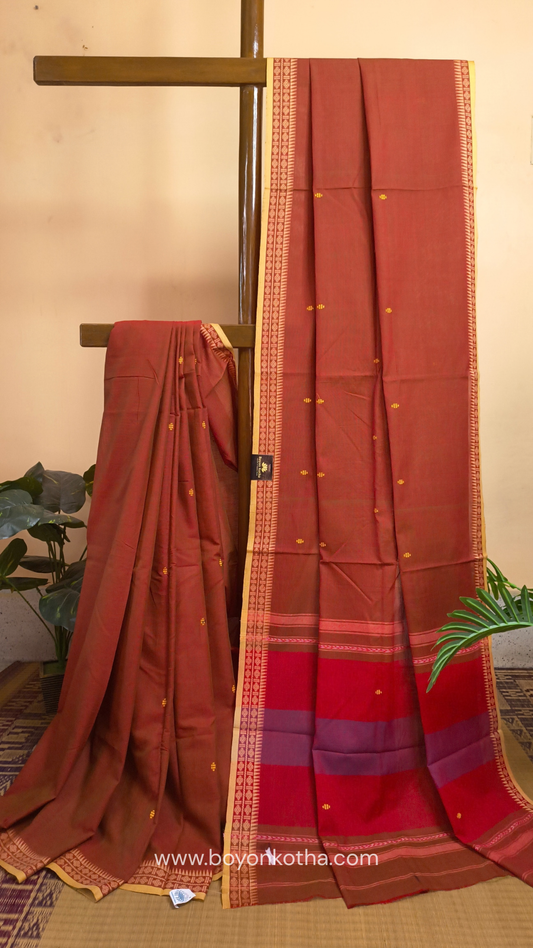 Rust Dhonekhali handloom cotton saree with red & blue stripes in the pallu and beige woven thin border; Ideal for office wear, casual gathering.