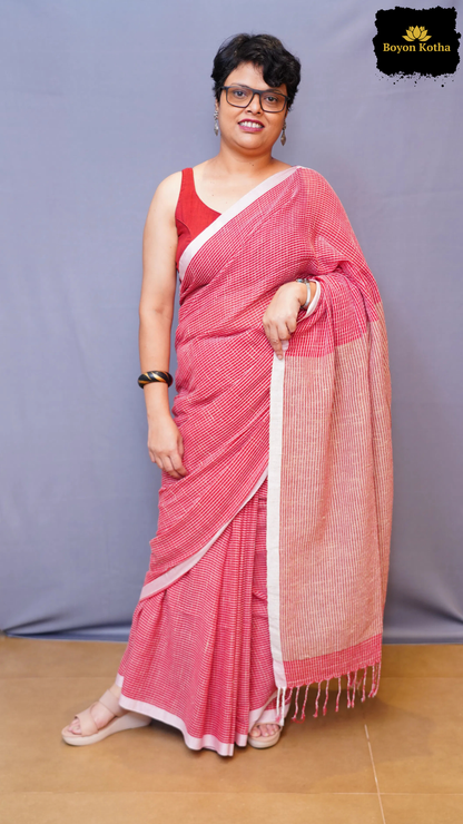 Ranga Sutra -  Red Handwoven Mercerized Cotton Saree with Woven White Stripes