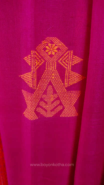 Rani Pink handwoven mercerized cotton saree with Manipuri-inspired thread work pattern in orange. Durable, breathable Bengal handloom saree for festive wear.