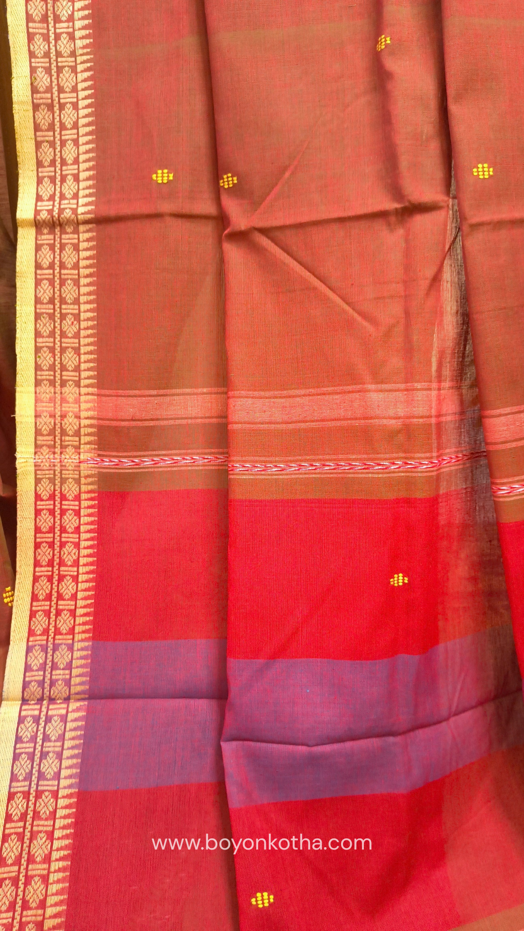 Rust Dhonekhali handloom cotton saree with red & blue stripes in the pallu and beige woven thin border; Ideal for office wear, casual gathering.