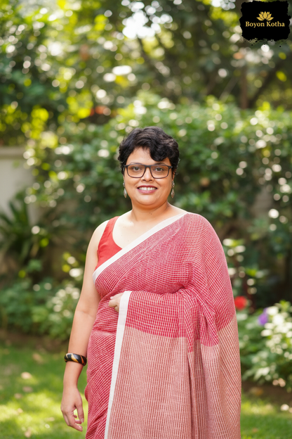 Ranga Sutra -  Red Handwoven Mercerized Cotton Saree with Woven White Stripes